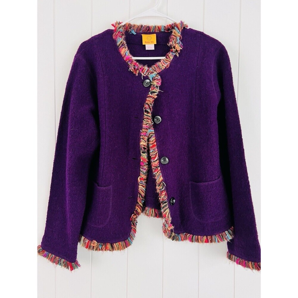 Ruby Rd. Purple Wool Blazer Jacket Colorful Fringe Funky Artsy Fun Size Large